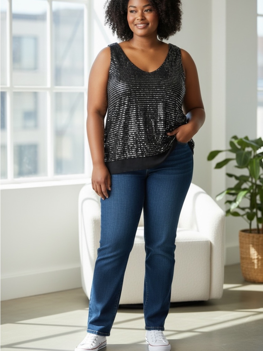 BRODY MYLES plus size  Black Sequin Tank Top with Sheer Hem size 2X